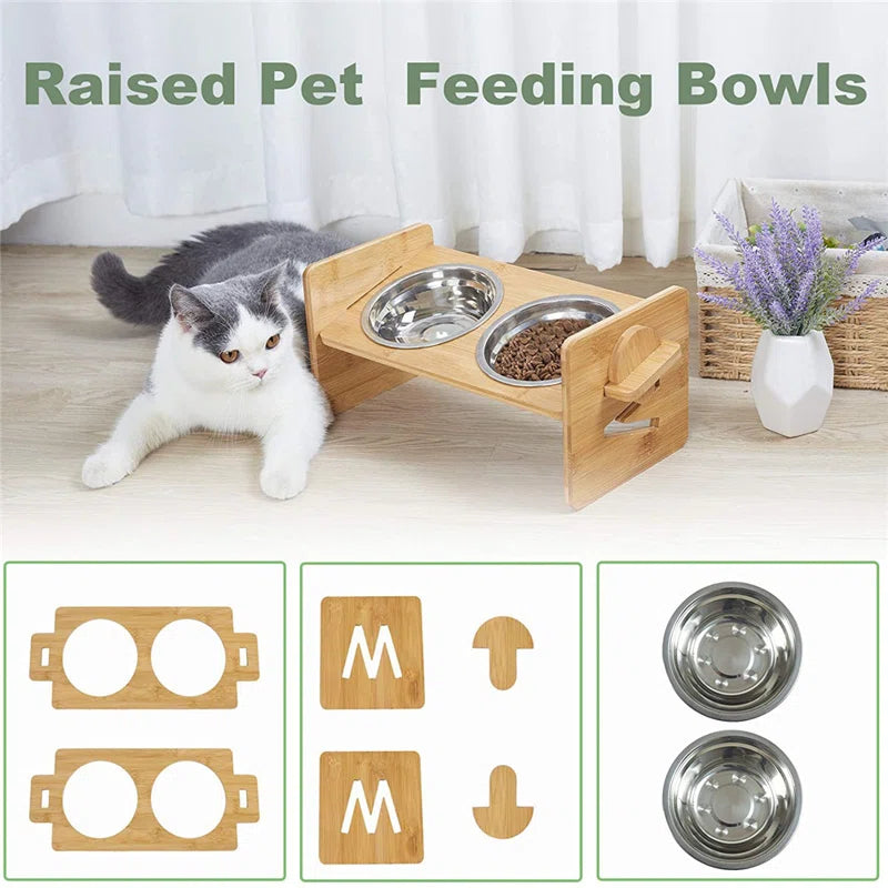 Bingopaw Raised Pet Bowls Cat and Small Dog Bowl Station Bamboo Stand and Stainless Bowls, Height Adjustable Spine Protection Feeder