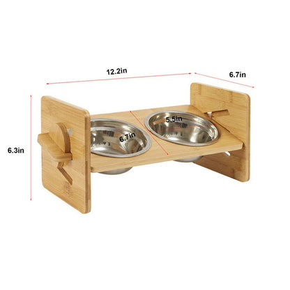 Bingopaw Raised Pet Bowls Cat and Small Dog Bowl Station Bamboo Stand and Stainless Bowls, Height Adjustable Spine Protection Feeder