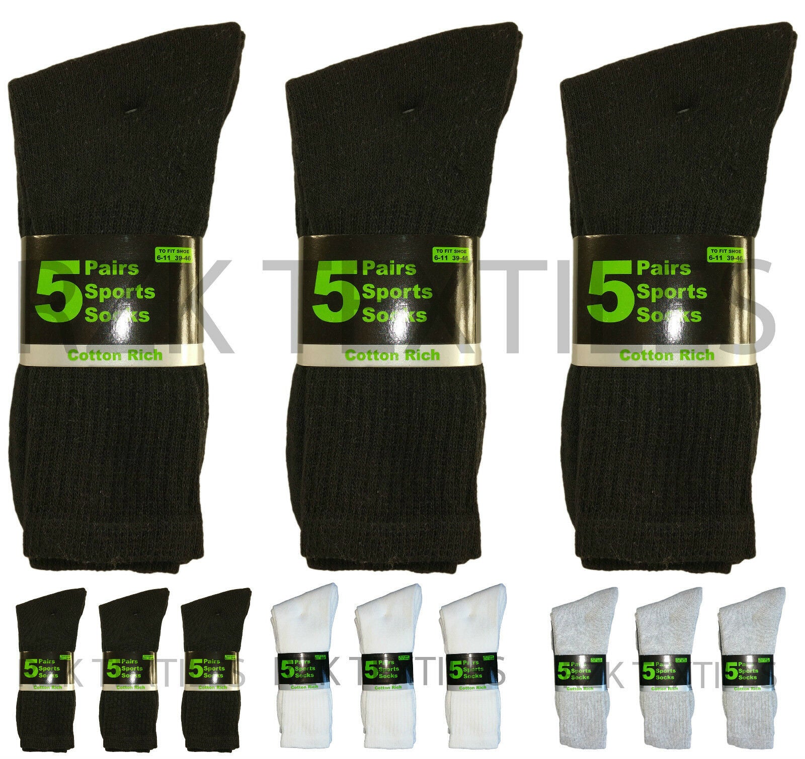 15 Pairs of Men'S Sport Socks, Black Cotton Rich Cushion Sole Socks, Size 6-11